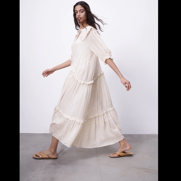 ZARA Floral Printed Muslin Midi Dress Ecru Beige - Picture 3 of 16